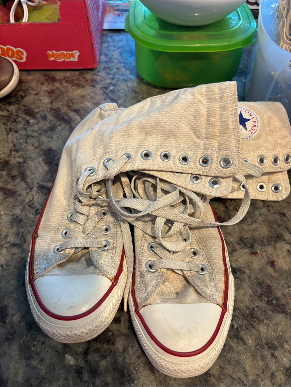 Converse Beige High-Top Sneakers with Red Trim